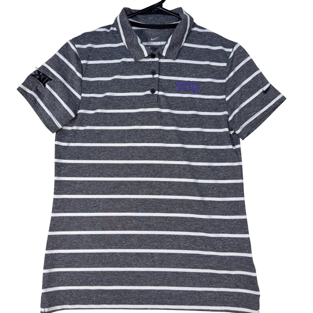 Nike TCU Polo Shirt Small Womens Dri-FIT Striped Big 12 Grey White